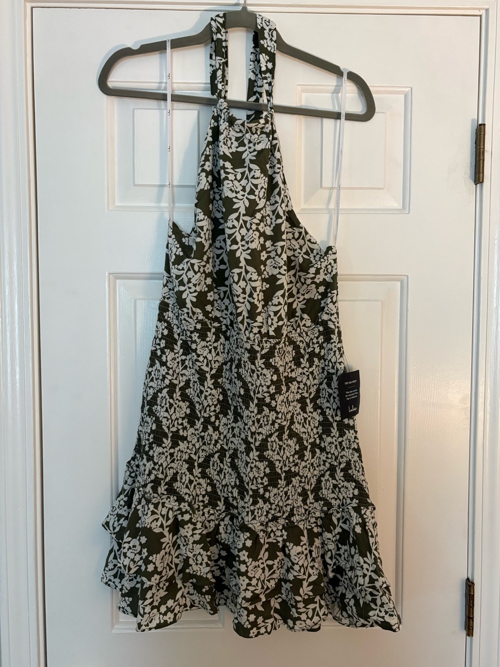 Olive Green Floral Halter Dress
